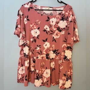 Cato Women's Pink Floral Short Sleeve Peplum Babydoll Blouse Size 18/20w NWOT